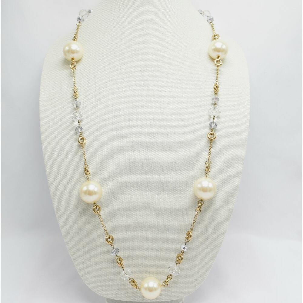 Long Gold Tone Chain Necklace Faux Pearl & Crystal Statement Coquette Glam 42"